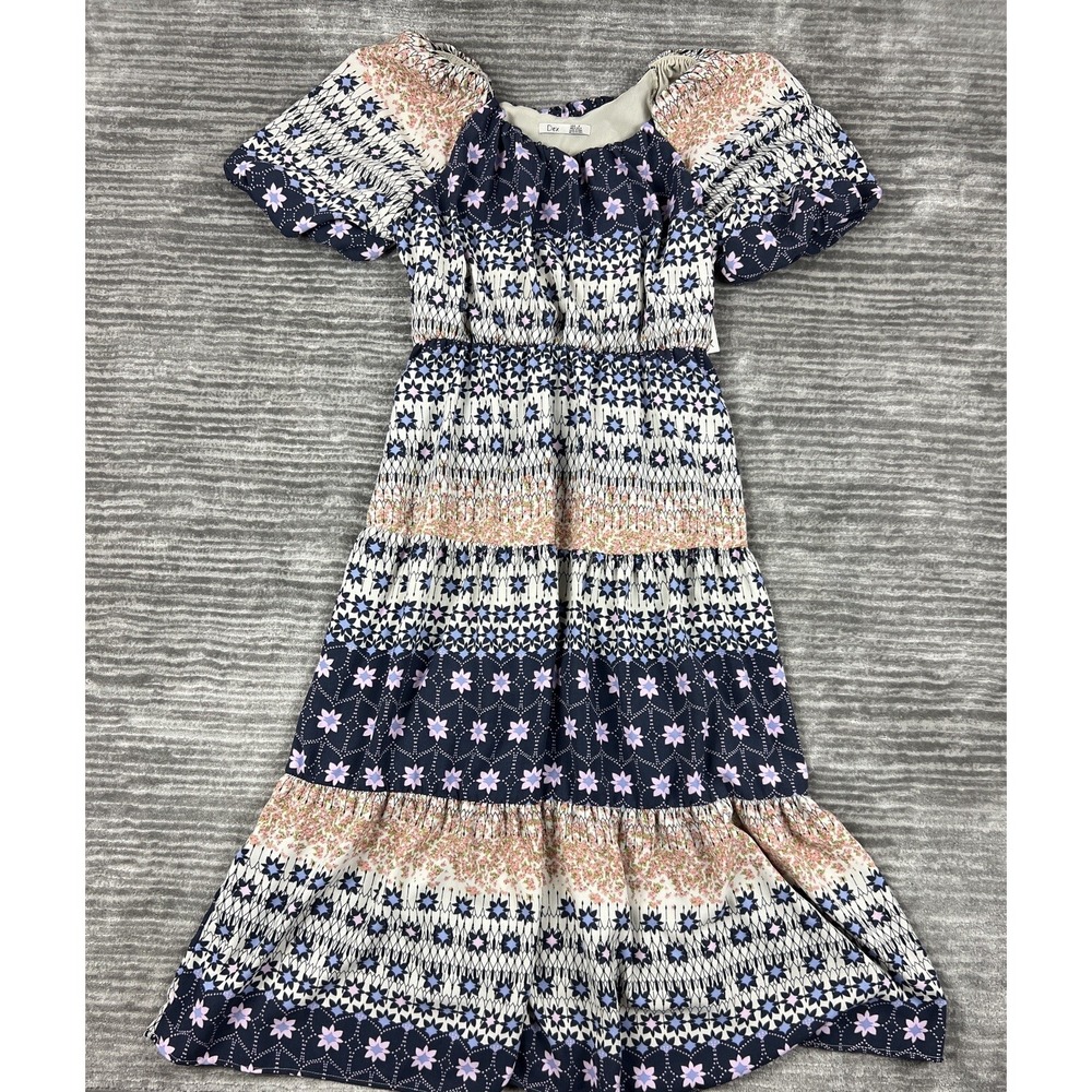 Dex Dress Womens X Navy Floral Geometric‎ Tiered Smocked Midi Short Puff Sleeve